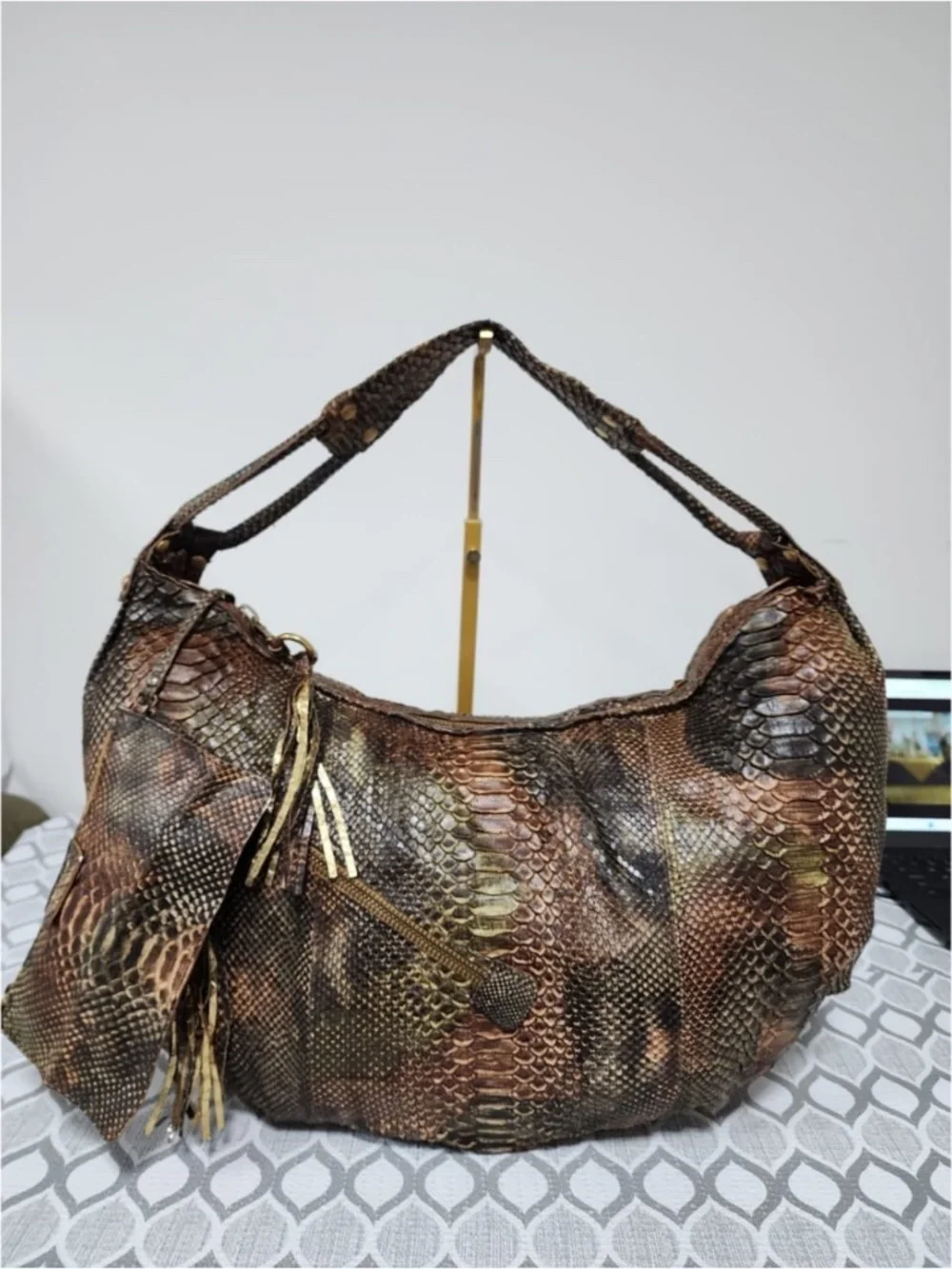 Authentic Salvatore Ferragamo Large Python Leather Hobo Bag Brown